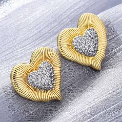 Heart Brass Micro Pave Clear Cubic Zirconia Stud Earrings, Long-Lasting Plated, Lead Free & Cadmium Free, Real 18K Gold Plated, 23.5x24mm(EJEW-H158-02G)