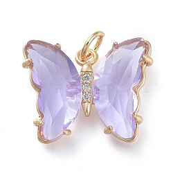 Brass Micro Pave Clear Cubic Zirconia Pendant, with Glass, Butterfly, Golden, Lavender, 18mm(ZIRC-P079-B02-16)