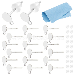 BENECREAT 20Pcs Sterling Silver Stud Earring Findings, Flat Pad Earring Settings, with Horizontal Loop & S925 Stamp, with 20Pcs Plastic Ear Nuts and 1Pc Silver Polishing Cloth, Silver, 5.5x4mm, Hole: 1mm, Pin: 0.6mm(STER-BC0002-24A)