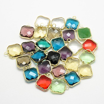 Golden Tone Brass Glass Square Pendants, Mixed Color, 16x13x5mm, Hole: 2mm
