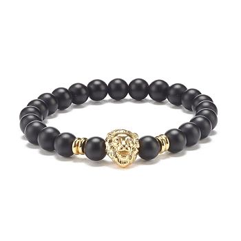 Synthetic Black Stone Round Beaded Stretch Bracelet with Brass Lion, Gemstone Jewelry for Women, Golden, Inner Diameter: 2-1/8 inch(5.5cm)