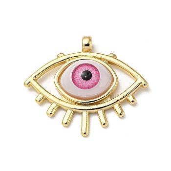 Real 18K Gold Plated Brass Pendants, with Acrylic, Evil Eye Charms, Deep Pink, 26x31x7mm, Hole: 2.5mm