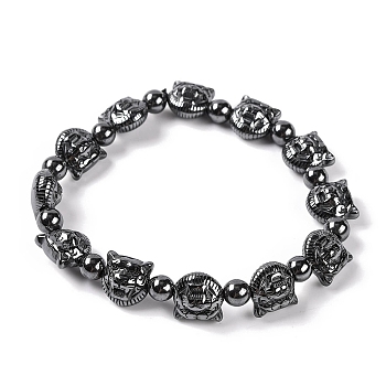 Round & Tiger Head Synthetic Non-magnetic Hematite Beaded Stretch Bracelets for Women, Inner Diameter: 2-3/8 inch(6cm)