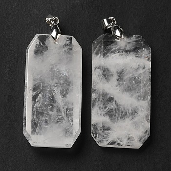 Natural Quartz Crystal Pendants, Rock Crystal Pendants, Faceted Rectangle Charms, with Platinum Plated Brass Snap on Bails, Lead Free & Cadmium Free, 40~41x20~21x6~9mm, Hole: 4.3x3.8mm