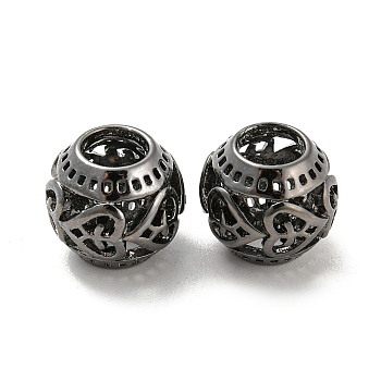 Alloy European Beads, Large Hole Beads, Hollow, Round with Heart, Gunmetal, 10.5x9.5mm, Hole: 4.7mm