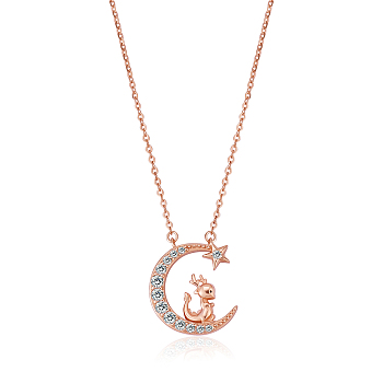 Chinese Zodiac Necklace Dragon Necklace 925 Sterling Silver Rose Gold Dragon on the Moon Pendant Charm Necklace Zircon Moon and Star Necklace Cute Animal Jewelry Gifts for Women, Dragon, 15 inch(38cm)