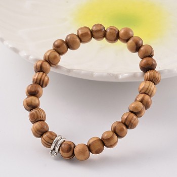Round Wood Beaded Stretch Bracelets, with Tibetan Style Alloy Tube Bails, Antique Silver, BurlyWood, 54mm