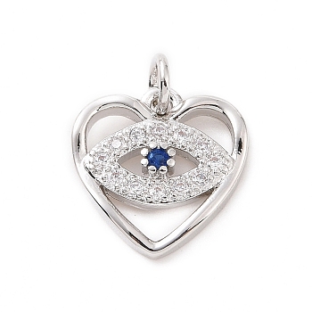 Brass Micro Pave Cubic Zirconia Charms, with Jump Ring, Heart with Evil Eye Charm, Platinum, 13x12.5x2.5mm, Hole: 2.8mm