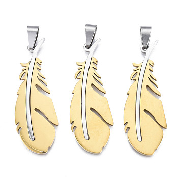 Ion Plating(IP) 201 Stainless Steel Pendants, Laser Cut, Feather, Light Gold, 49x17.5x1mm, Hole: 4x7.5mm