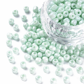 6/0 Glass Seed Beads, Dyed & Heated, Opaque Colours Luster, Round Hole, Round, Aquamarine, 4~5x3~4mm, Hole: 1.2mm, about 450g/pound