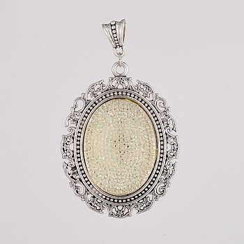 Alloy Resin Pendants, Oval with Flower, Antique Silver, 63.5x48x10mm, Hole: 5x7.5mm