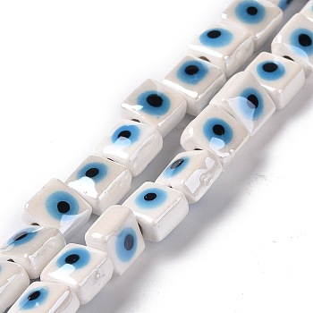 Handmade Porcelain Ceramic Beads Strands, Famille Rose Style, Square with Evil Eye, White, 7.5~8x7.5~8x5~5.5mm, Hole: 2mm, about 40pcs/strand, 12.36~12.44 inch(31.4~31.6cm)