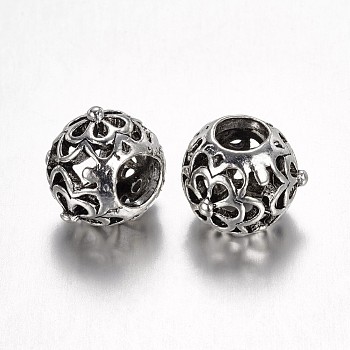 Alloy European Beads, Rondelle, Large Hole Beads, Antique Silver, 12x9mm, Hole: 5mm
