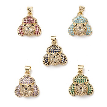 Brass Micro Pave Cubic Zirconia Pendants, Real 16K Gold Plated, Dog Charms, Mixed Color, 18.5x17x6mm, Hole: 5x3.5mm.