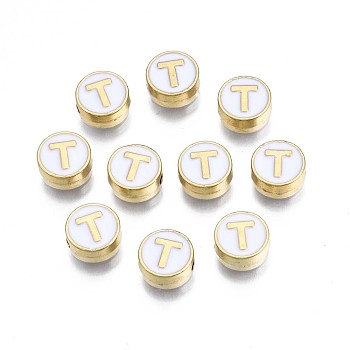 Alloy Enamel Beads, Cadmium Free & Lead Free, Light Gold, Flat Round with Alphabet, White, Letter.T, 8x4mm, Hole: 1.5mm