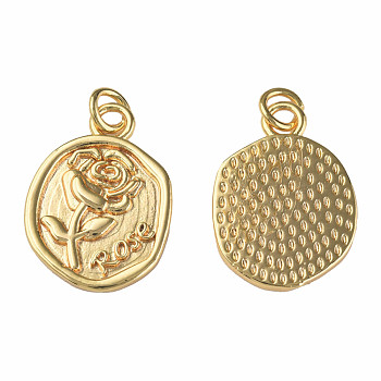 Brass Pendants, with Jump Rings, Nickel Free, Flat Round with Rose & Word Rose, Real 18K Gold Plated, 21x15x2mm, Jump Ring: 5x1mm, 3mm inner diameter