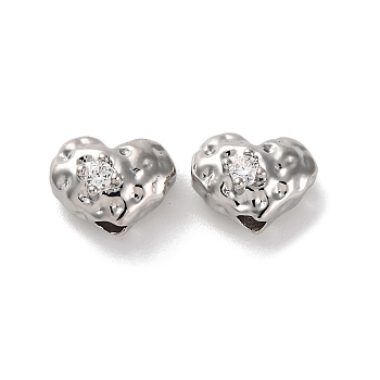 Brass Micro Pave Clear Cubic Zirconia Beads, Heart, Platinum, 6.5x8.5x5.5mm, Hole: 1.8mm