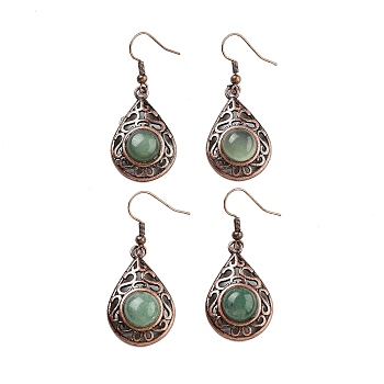 Natural Green Aventurine Teardrop Dangle Earrings, Red Copper Plated Hollow Brass Earrings for Women, 46.5x19.5mm