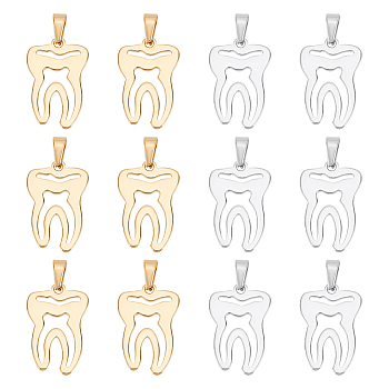 12Pcs 2 Color 201 Stainless Steel Pendants, Tooth, Golden & Stainless Steel Color, 34.5x22x1.5mm, 6pcs/color