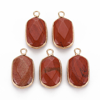 Natural Red Jasper Pendants, with Golden Plated Brass Edge and Loop, Faceted, Oval, 24x12.5x5.5mm, Hole: 2.5mm