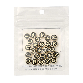 26Pcs 26 Style Alloy Enamel Beads, Cadmium Free & Lead Free, Light Gold, Flat Round with Alphabet, Black, 8x4mm, Hole: 1.5mm, 1pc/style
