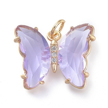 Brass Micro Pave Clear Cubic Zirconia Pendant, with Glass, Butterfly, Golden, Lavender, 18mm