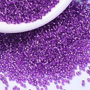 MIYUKI Delica Beads, Cylinder, Japanese Seed Beads, 11/0, (DB1345) Dyed Silver Lined Magenta, 1.3x1.6mm, Hole: 0.8mm, about 10000pcs/bag, 50g/bag(SEED-X0054-DB1345)