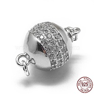 Rhodium Plated 925 Sterling Silver Bayonet Clasps, with 925 Stamp, with Cubic Zirconia, Round, Clear, Platinum, 18x12mm, Hole: 1.6mm(STER-L057-008C)