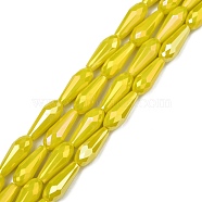 Electroplated Opaque Glass Beads Strands, Full Rainbow Plated, Faceted, Teardrop, Yellow, 15x6mm, Hole: 1mm, about 50pcs/Strand, 28.35 inch(72cm)(EGLA-L015-FR-B22-01)