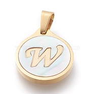 304 Stainless Steel Pendants, with Shell, Flat Round with Alphabet, Golden, Letter.W, 20.5x18x2.5mm, Hole: 7x4mm(STAS-O138-21p-W)