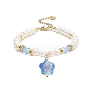Lampwork Flower Charm Bracelet, Natural Pearl & Glass Beaded Dainty Bracelet for Women, Cornflower Blue, 7-1/2 inch(19cm)(BJEW-TA00177-02)