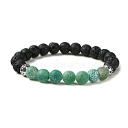 Natural Dyed Crackle Agate & Lava Rock Round Beaded Stretch Bracelet, Green, Inner Diameter: 2 inch(5.2cm).(BJEW-TA00444-04)