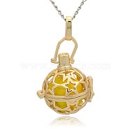 Golden Tone Brass Hollow Round Cage Pendants, with No Hole Spray Painted Brass Round Beads, Gold, 35x25x21mm, Hole: 3x8mm(KK-J226-05G)