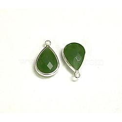 Silver Color Plated Brass Glass Teardrop Pendants, Faceted, Olive Drab, 18x10x5mm, Hole: 2mm(GLAA-M006-A-05S)