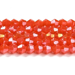 Opaque Solid Color Electroplate Glass Beads Strands, AB Color Plated, Faceted, Bicone, Orange Red, 4x4mm, Hole: 0.8mm, about 87~98pcs/strand, 12.76~14.61 inch(32.4~37.1cm)(GLAA-F029-P4mm-A03)