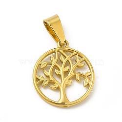 Vacuum Plating 304 Stainless Steel Pendants, Flat Round with Tree of Life Charms, Golden, 18.5x16x1.5mm, Hole: 6x3.5mm(STAS-A073-07G)