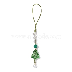 Brass Glass with Natural Quartz Crystal with Natural White Jade Mobile Straps, Christmas Tree, Green, 11.2cm(HJEW-JM02288)