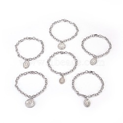 304 Stainless Steel Charm Bracelets, with Cable Chains, Flat Round and Oval, Saint Theme, Stainless Steel Color, 8-1/4 inch~8-3/8 inch(21~21.4cm), Pendant: 19~23.5x12.5~20.5x2.5mm(BJEW-O169-02)