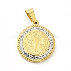 Vacuum Plating 304 Stainless Steel Pendants, with Crystal Polymer Clay Rhinestone, Flat Round with Saint Benedict Medal, Golden, 22x19x2.5mm, Hole: 6.5x4mm(STAS-A073-03G-02)