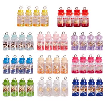 44 Pcs 11 Colors Glass Pendants, with Resin Filler & Iron Finding, Bottle with Conch, Mixed Color, 25x10mm, 4pcs/color