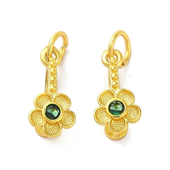 Rack Plating Brass Pave Cubic Zirconia Flower Shape Ice Pick Pinch Bails, with Jump Rings, Long-Lasting Plated, Green, 17x7.5mm, Pin: 1mm