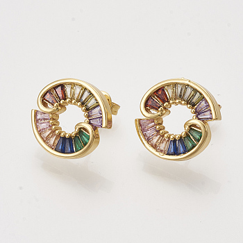 Brass Cubic Zirconia Stud Earrings, with Ear Nuts, Colorful, Golden, 15x16mm, Pin: 0.7mm