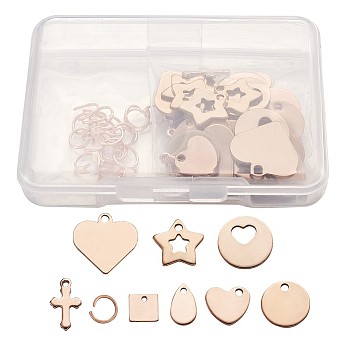 304 Stainless Steel Stamping Blank Tag Charms Sets, Star & Square & Heart & Flat Round& Drop& Cross, Rose Gold, 7~15.5x6~16x0.6~1.2mm, Hole: 1~1.2mm