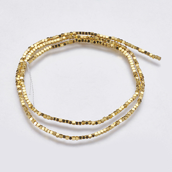 Electroplate Non-magnetic Synthetic Hematite Bead Strands, Faceted, Cube, Golden Plated, 1.5x1.5x1.5mm, Hole: 0.2mm, about 244pcs/strand, 15.9 inch