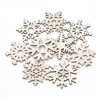Wood Cabochons, Laser Cut Wood Shapes, Snowflake, Blanched Almond, 48~52x43~50x2.5mm