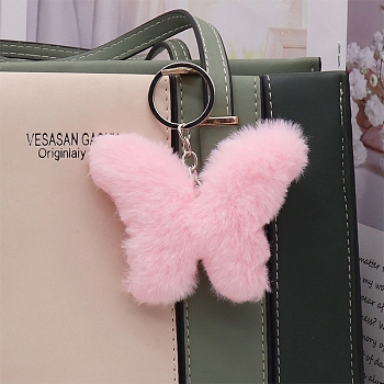 Imitation Rabbit Fur Keychain, Bag Pendant Decoration, Butterfly, Pearl Pink, Pendant: 9x7.5cm