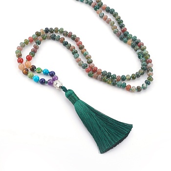 Natural Indian Agate Beads Necklaces, Natural & Synthetic Mixed Stone, with Polyester Tassel Big Pendants and Alloy Finding, 31.5 inch(80cm)