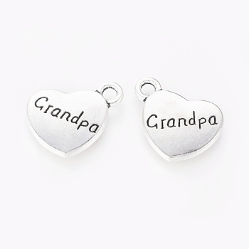 Tibetan Style Alloy Family Charms, Heart with Word Grandpa, Cadmium Free & Lead Free, Antique Silver, 13x15x3mm, Hole: 3mm