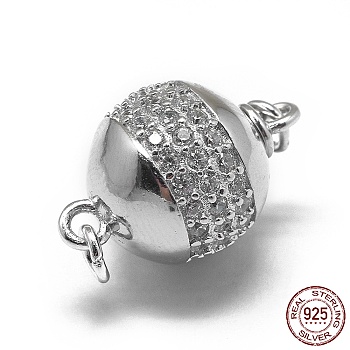 Rhodium Plated 925 Sterling Silver Bayonet Clasps, with 925 Stamp, with Cubic Zirconia, Round, Clear, Platinum, 18x12mm, Hole: 1.6mm