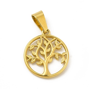 Vacuum Plating 304 Stainless Steel Pendants, Flat Round with Tree of Life Charms, Golden, 18.5x16x1.5mm, Hole: 6x3.5mm